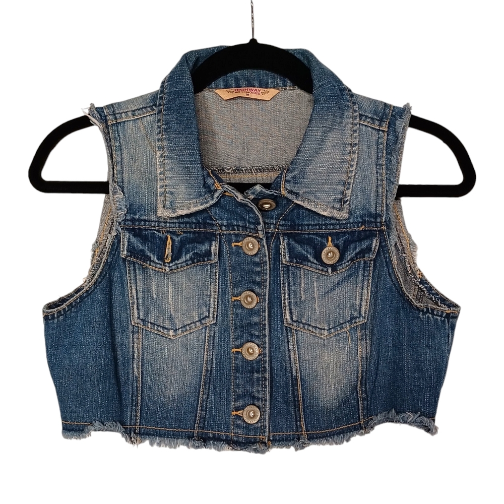 HIGHWAY JEANS Dark Medium Blue Button Front Denim Jean Vest Medium Juniors